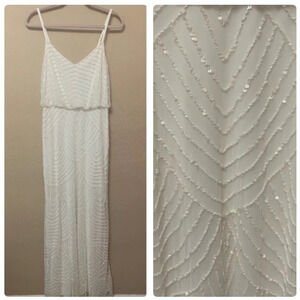 Adrianna Papell Women's Long Beaded Blouson Gown in White NWT Size 10